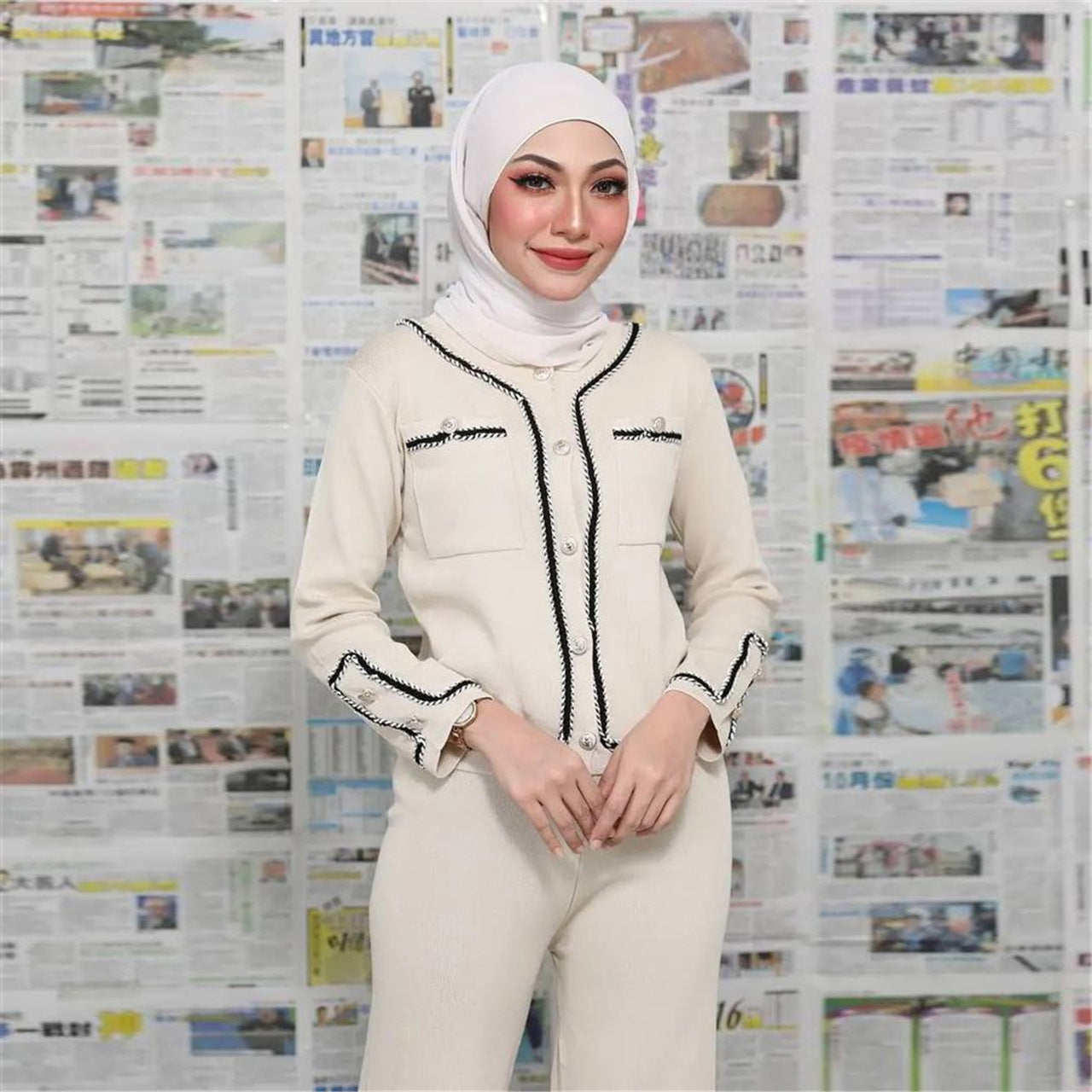 Women's Pocket Patchwork Knit Seven Pants Two-piece Sets