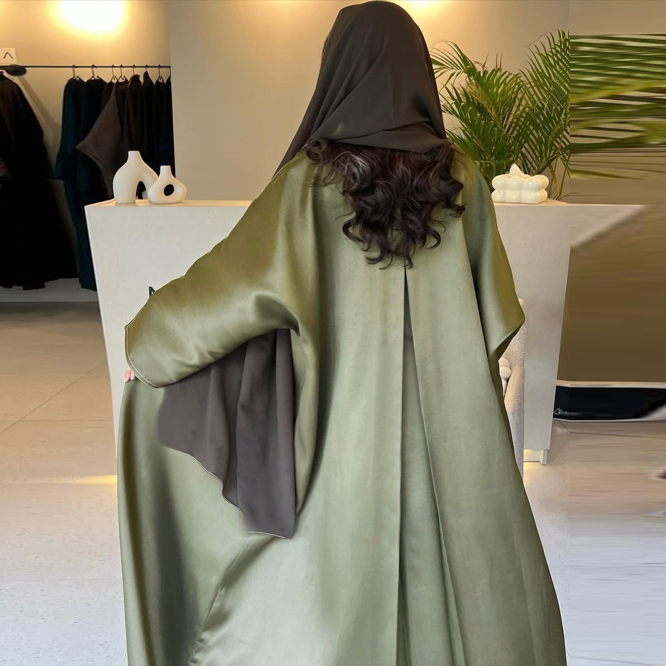 Loose Solid-colored Satin Open Abaya