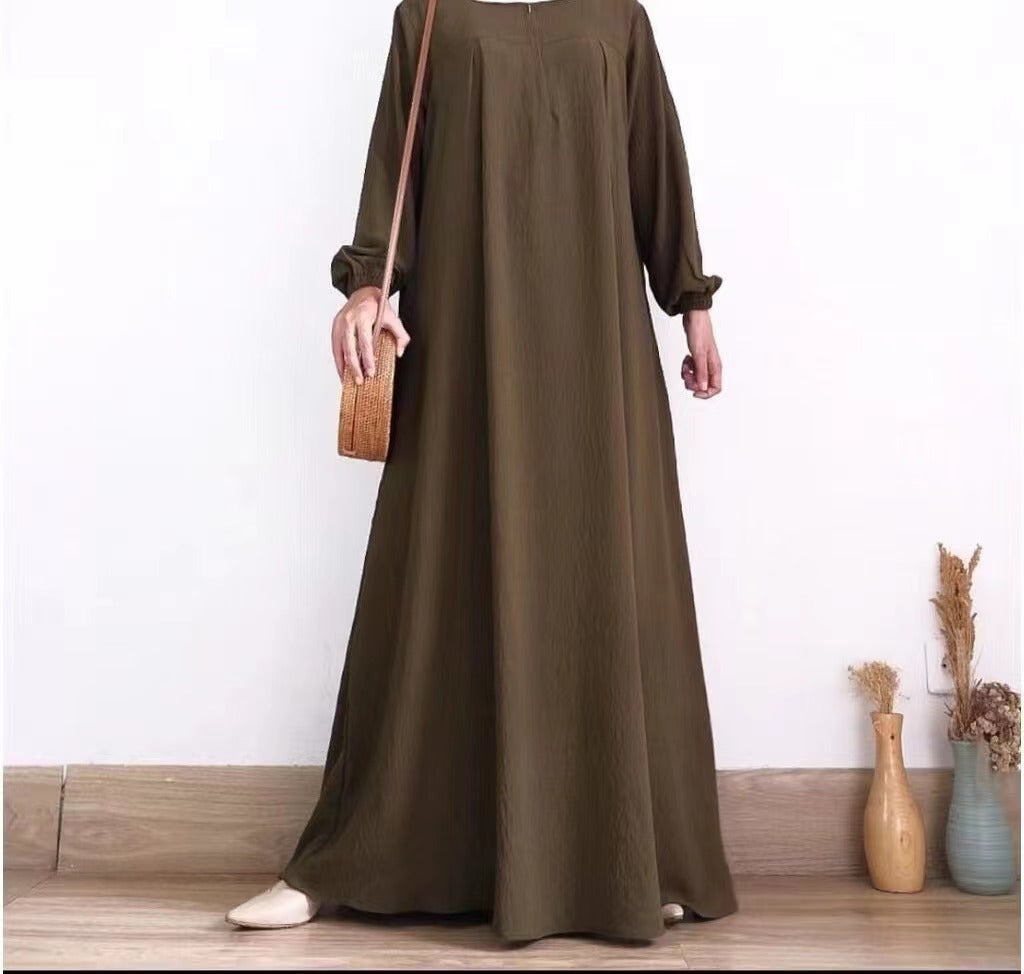 Women's Solid Color Long Sleeve Zipper Crewneck Dress