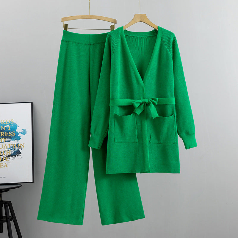 Women's Wide-Leg Pants Knitted Cardigan Two-Piece Set