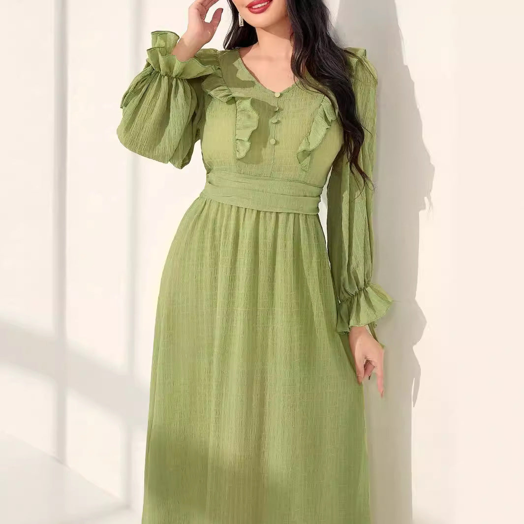 Women's V-neck Trim Waist Green Dress
