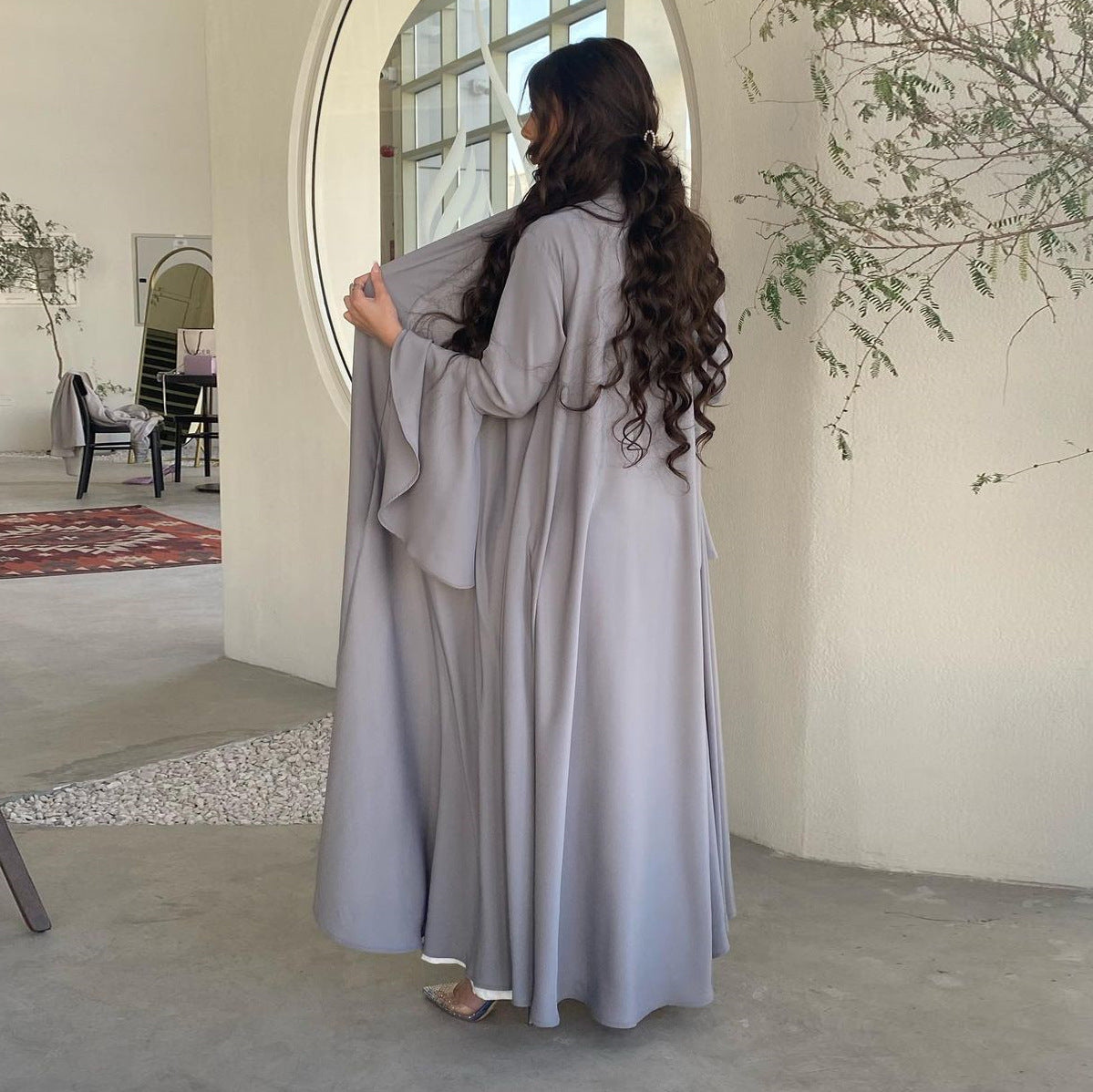 Women's Ruffle Sleeves Solid Color Open Abaya