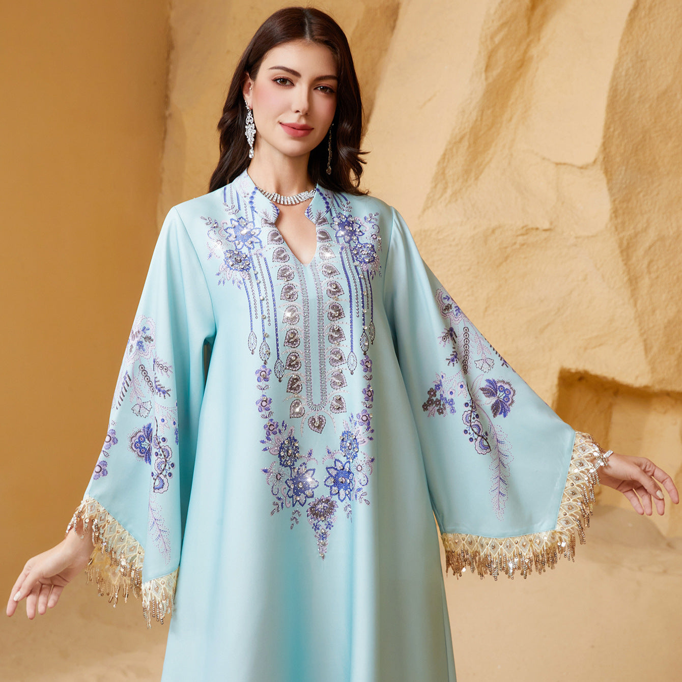 Fringe-Sleeve Embroidered Muslim Kaftan Dress