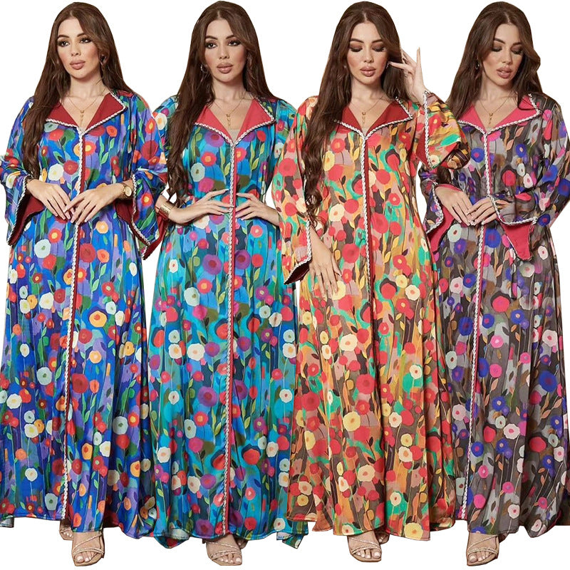 Women's Print Satin-paneled Jalabiya Dress
