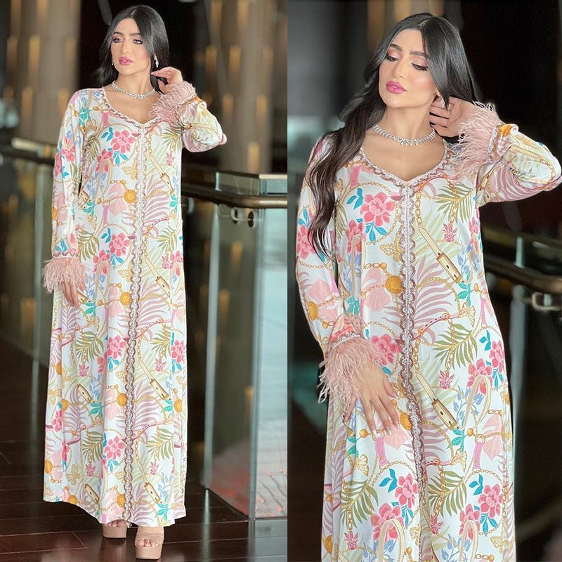 Hot Diamond Ostrich Feather Patchwork Printed Dress