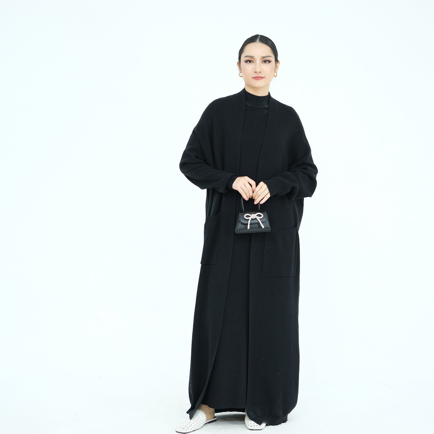 Thick Knit Two-Piece Abaya Set with Cardigan and Inner Dress