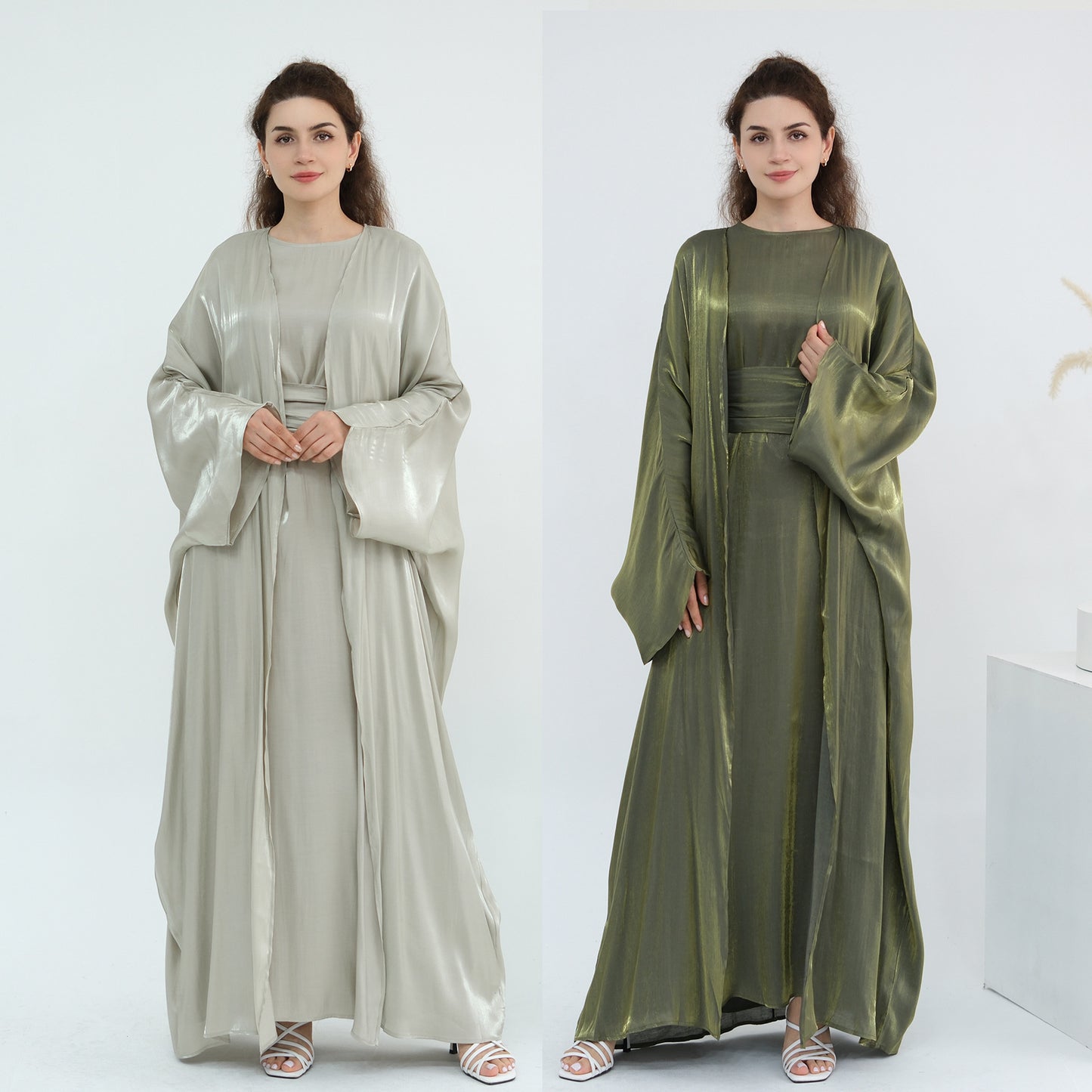 Elegant Solid Color Two Piece Abaya Set with Inner Dress