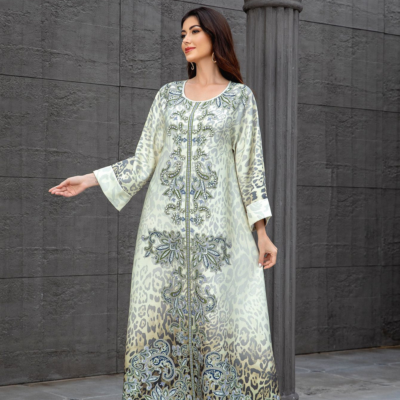 Leopard Beaded Rhinestone Muslim Kaftan Maxi Dress