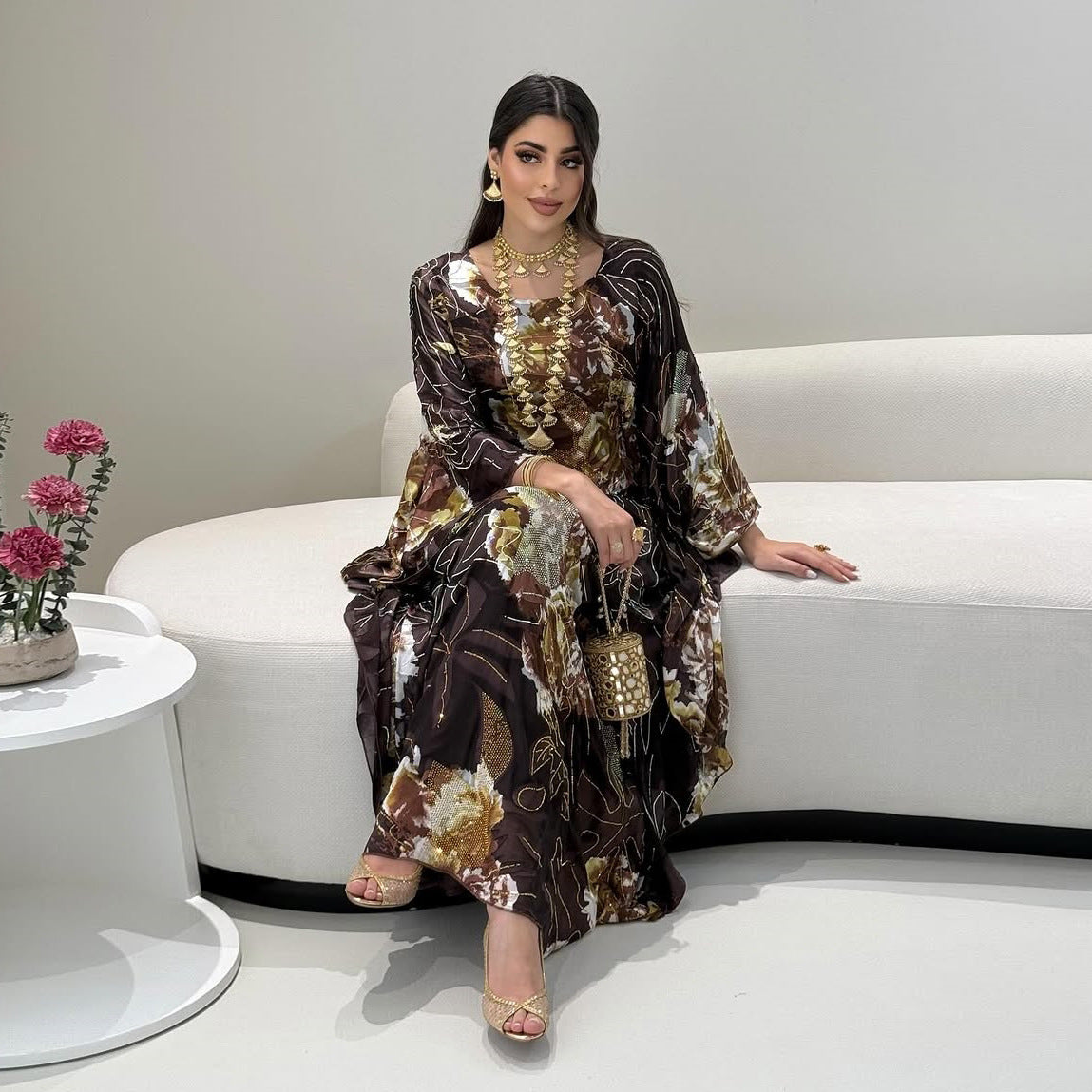 Printed Large-flowered Hot Diamond Chiffon Dress