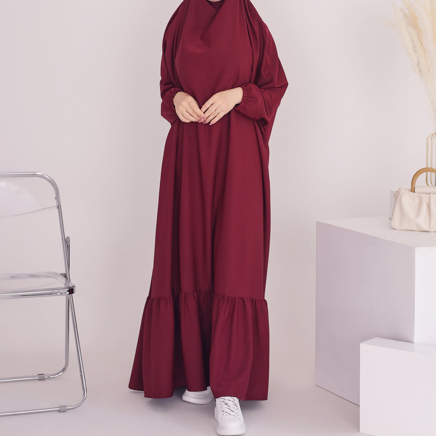 Women's Solid Color Robe Dress Jilbab Include Headscarf