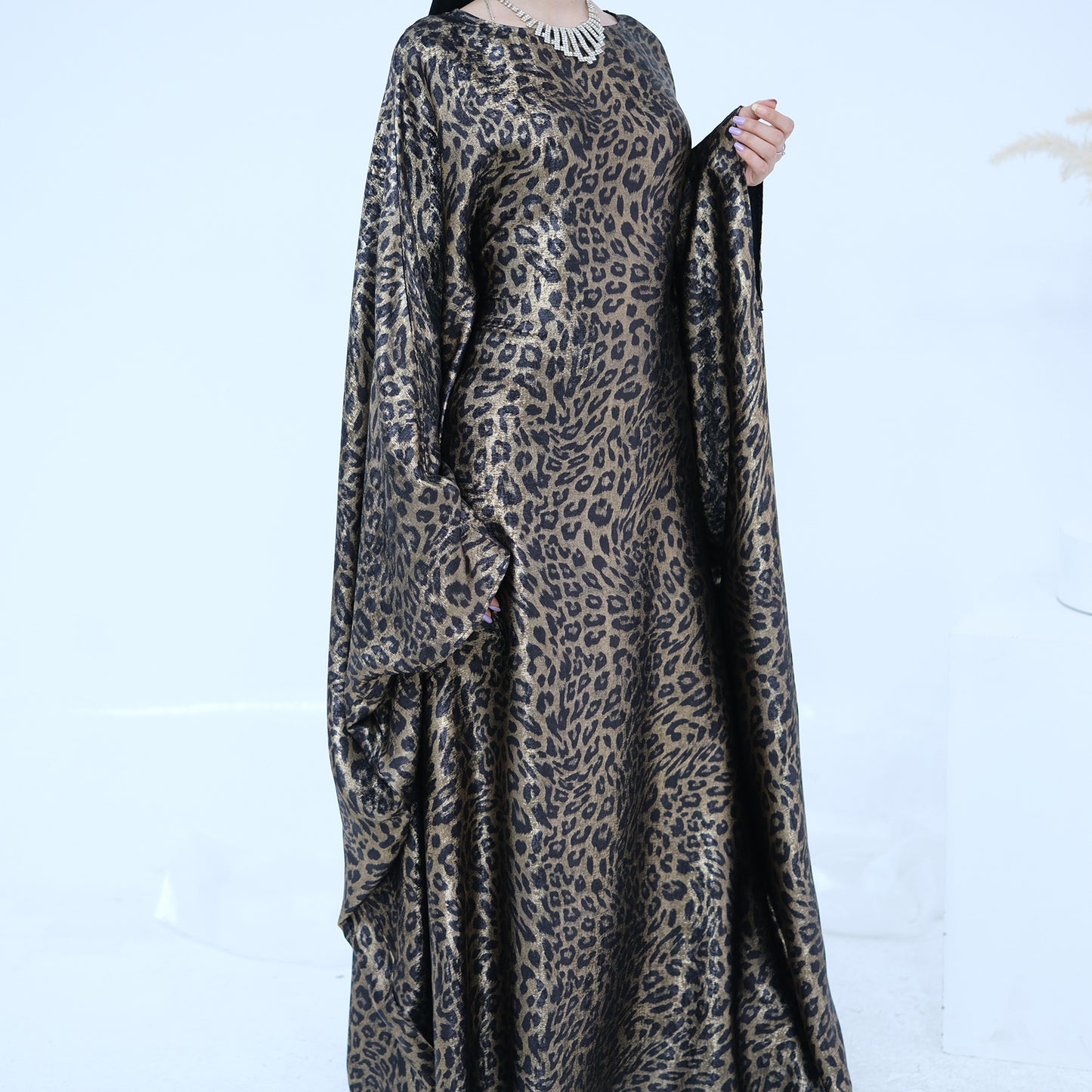 Leopard Print Arab Modest Batwing Sleeve Kaftan Dress