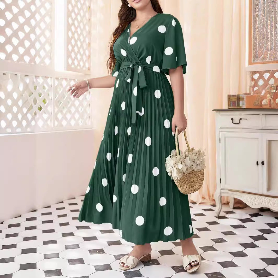 Women's Polka Dot Print Flared Sleeve Lace-up Pleated Dress