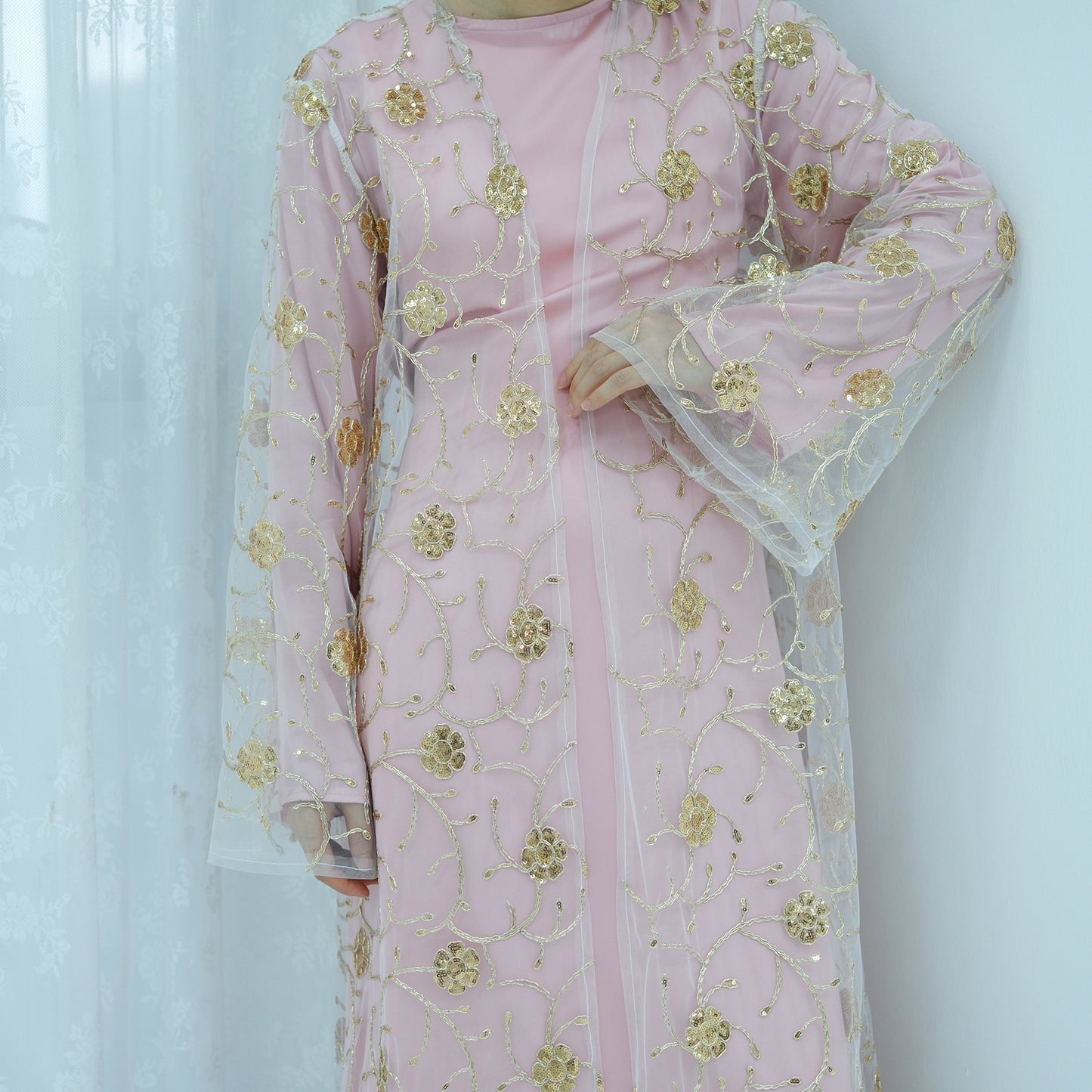 Gold Embroidered Lace Open Dress Elegant Evening Abaya