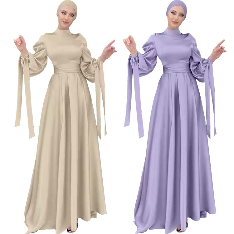 Plain Stand Collar Satin Puff Sleeve Dress