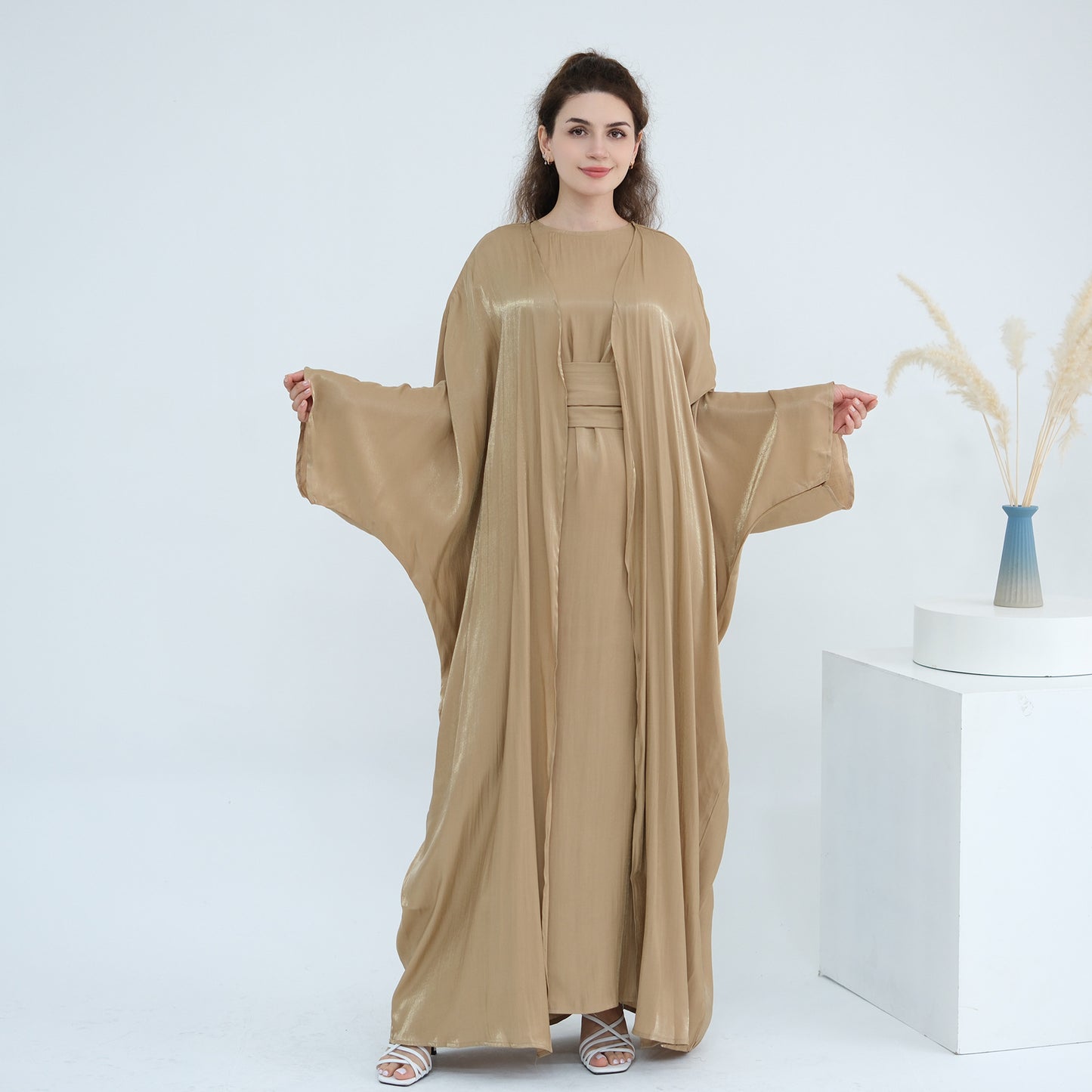 Elegant Solid Color Two Piece Abaya Set with Inner Dress