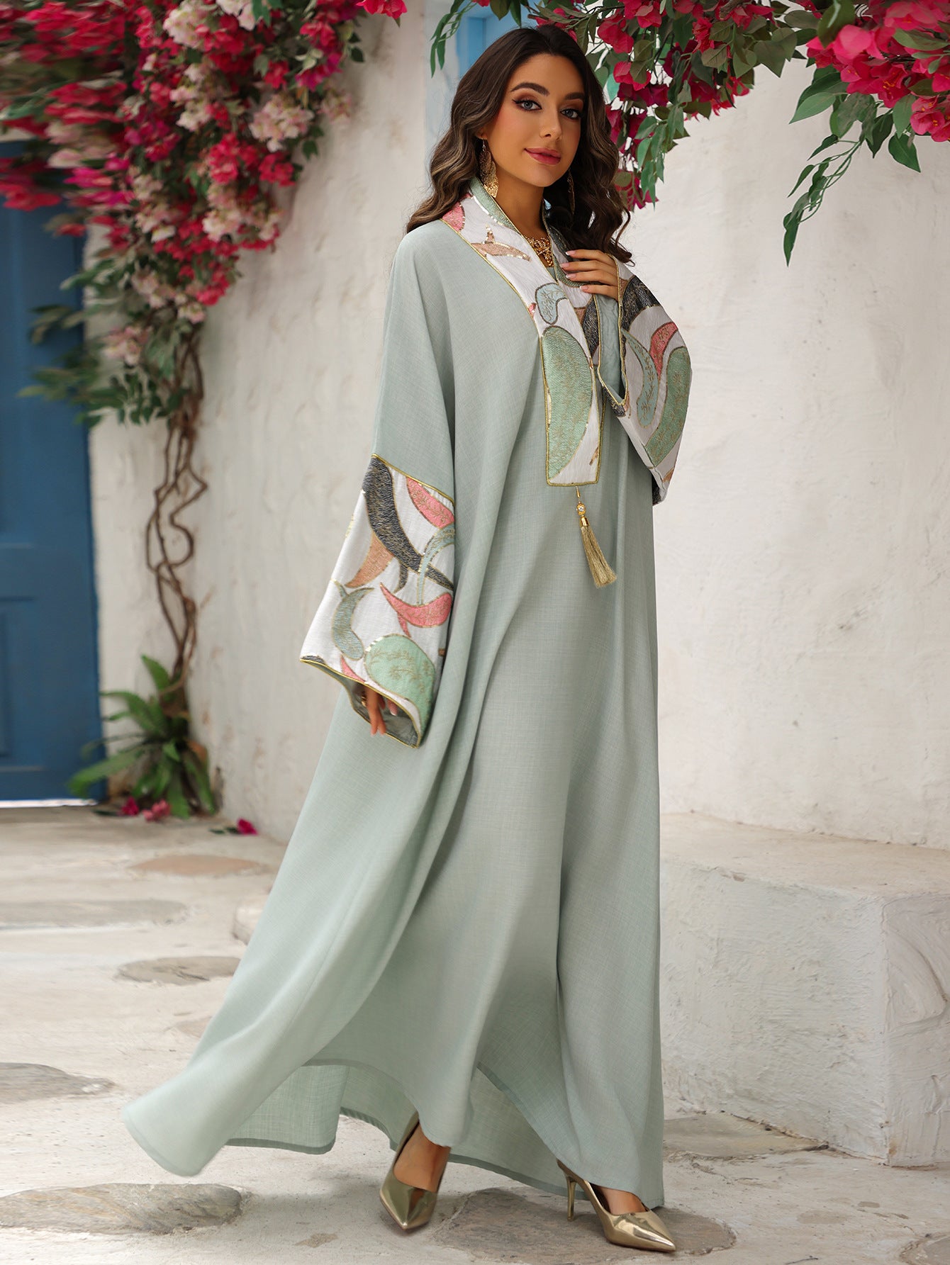 Women's Embroidered Panelled Fringed Dress