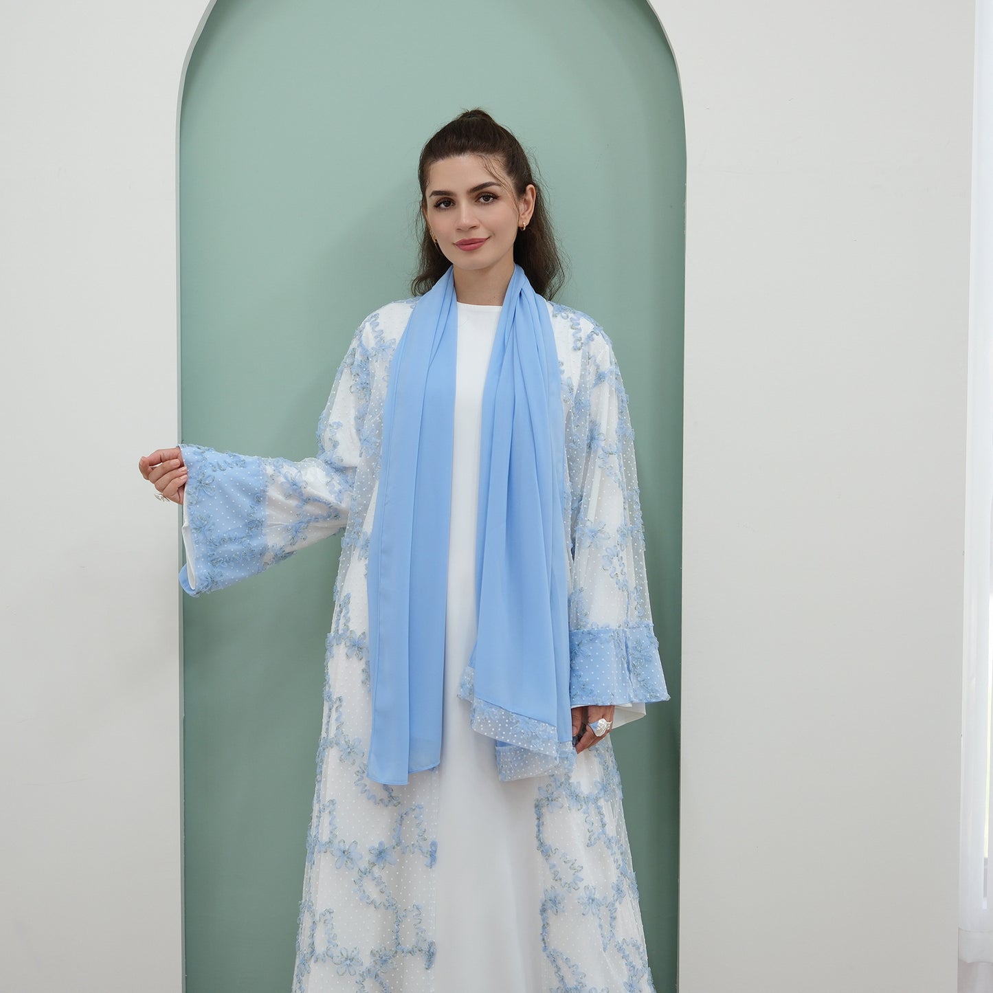 Elegant 3D Floral Mesh Open Abaya with Optional Inner Dress and Scarf