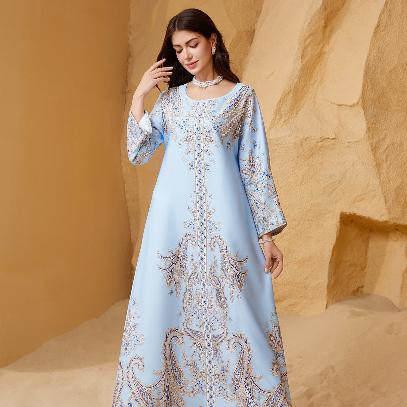 Beaded Rhinestone Sky-Blue Muslim Kaftan Maxi Dress