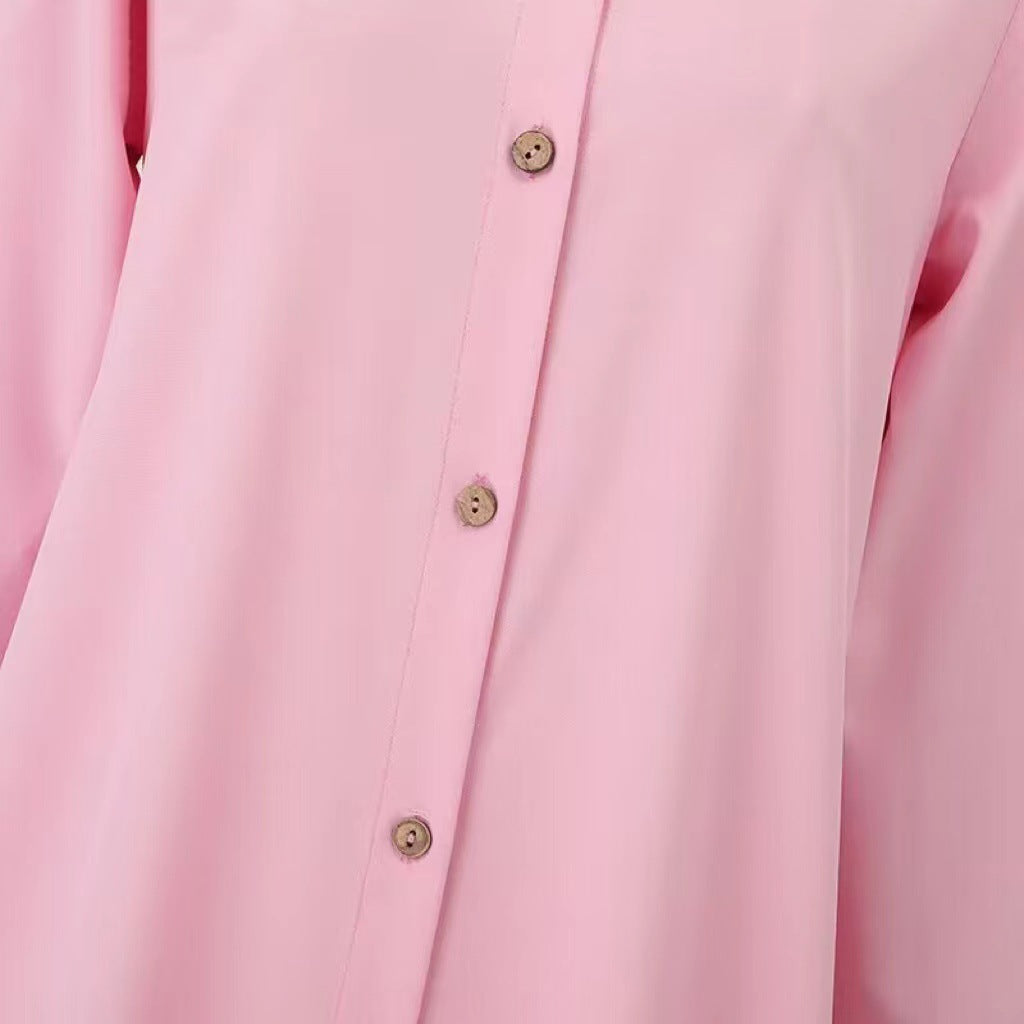 Women's Long-sleeved Solid Color Wooden Button-down Shirt Dress