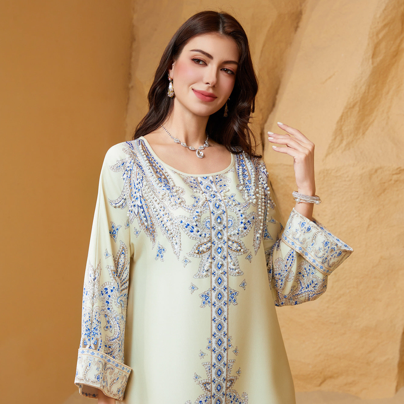 Beaded Print Muslim Kaftan Maxi Dress
