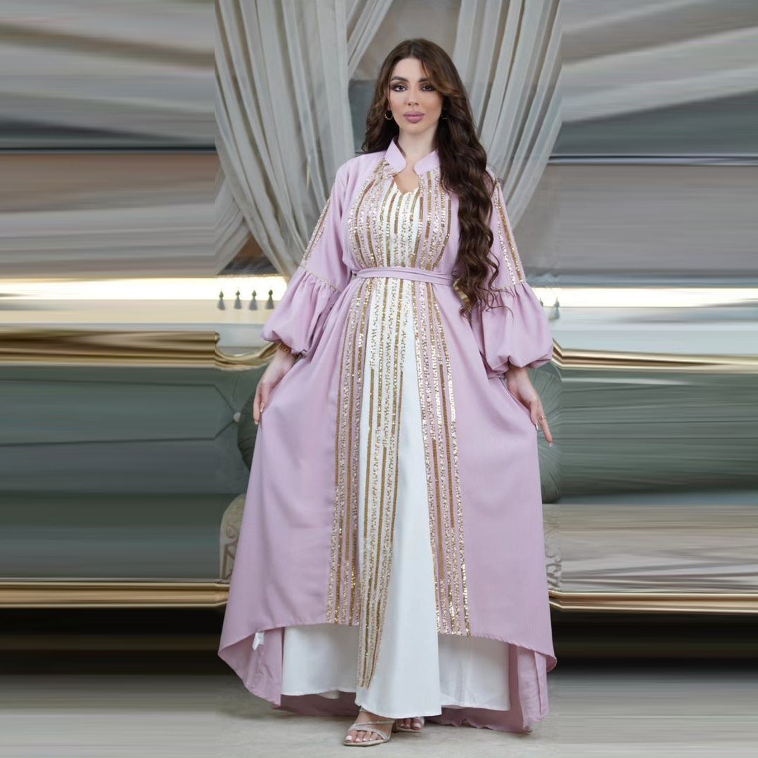 Beaded Embroidered Bubble Sleeve Dress Two Piece Set