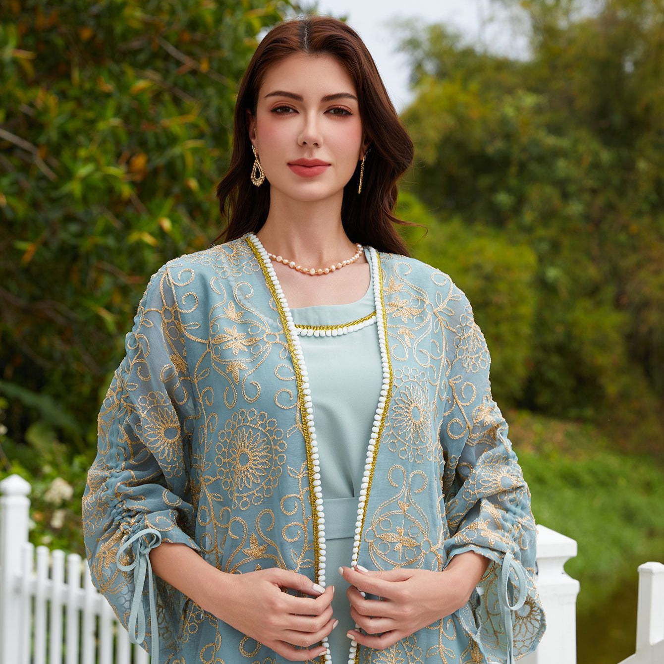 Dubai Muslim Jacquard Two-Piece Maxi Abaya Set