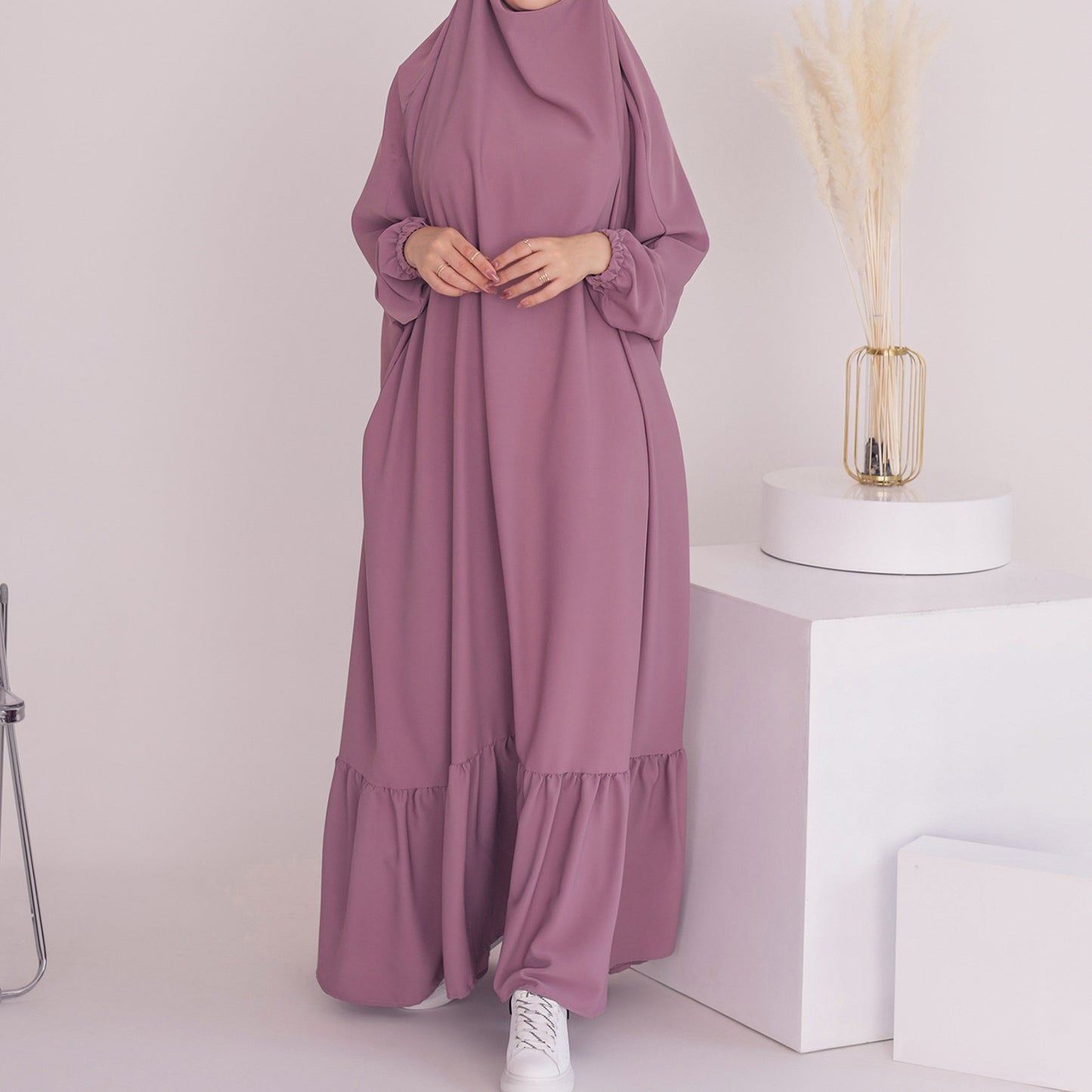 Women's Solid Color Robe Dress Jilbab Include Headscarf