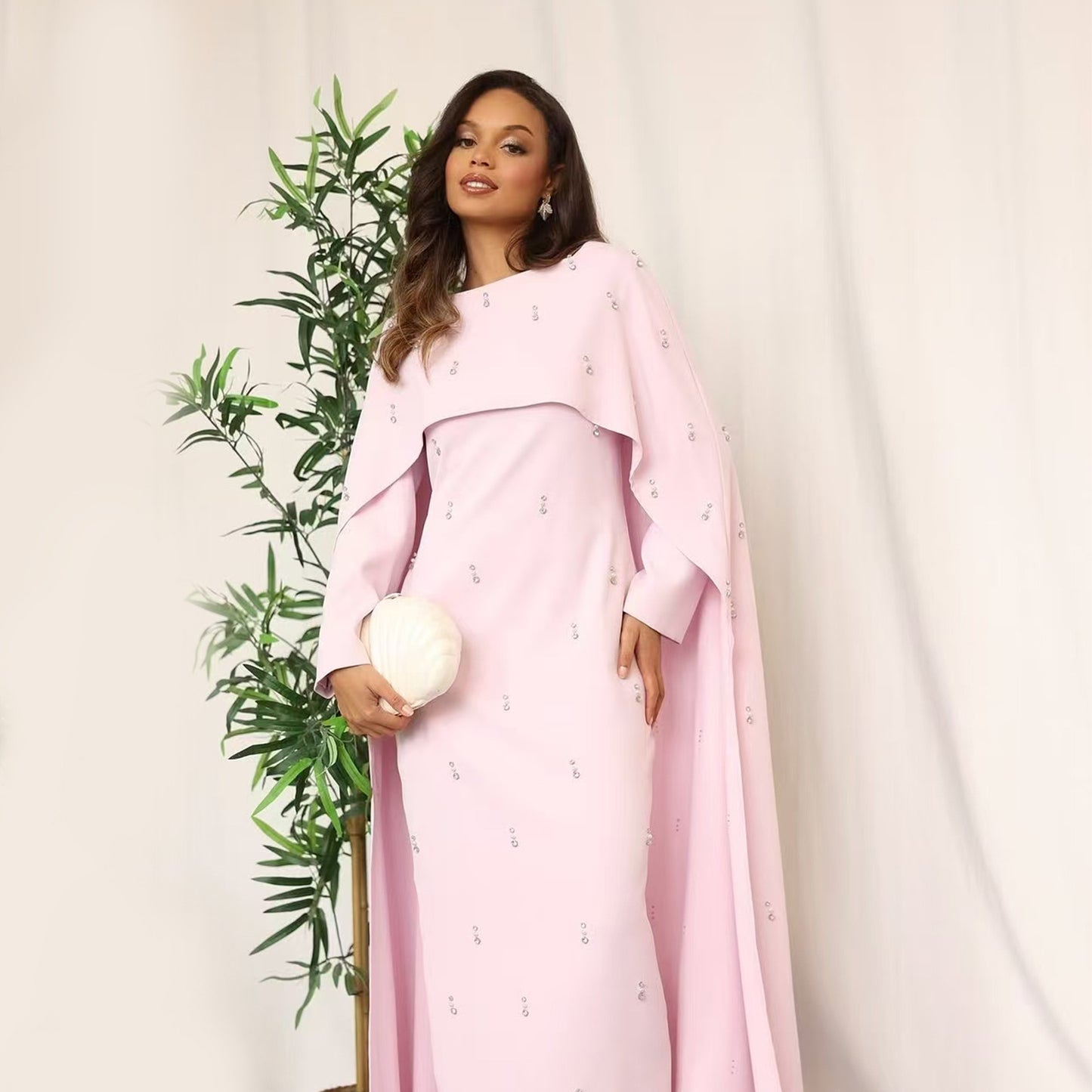Elegant Beaded Maxi Dress with Attached Cape – Modest Evening Abaya Style