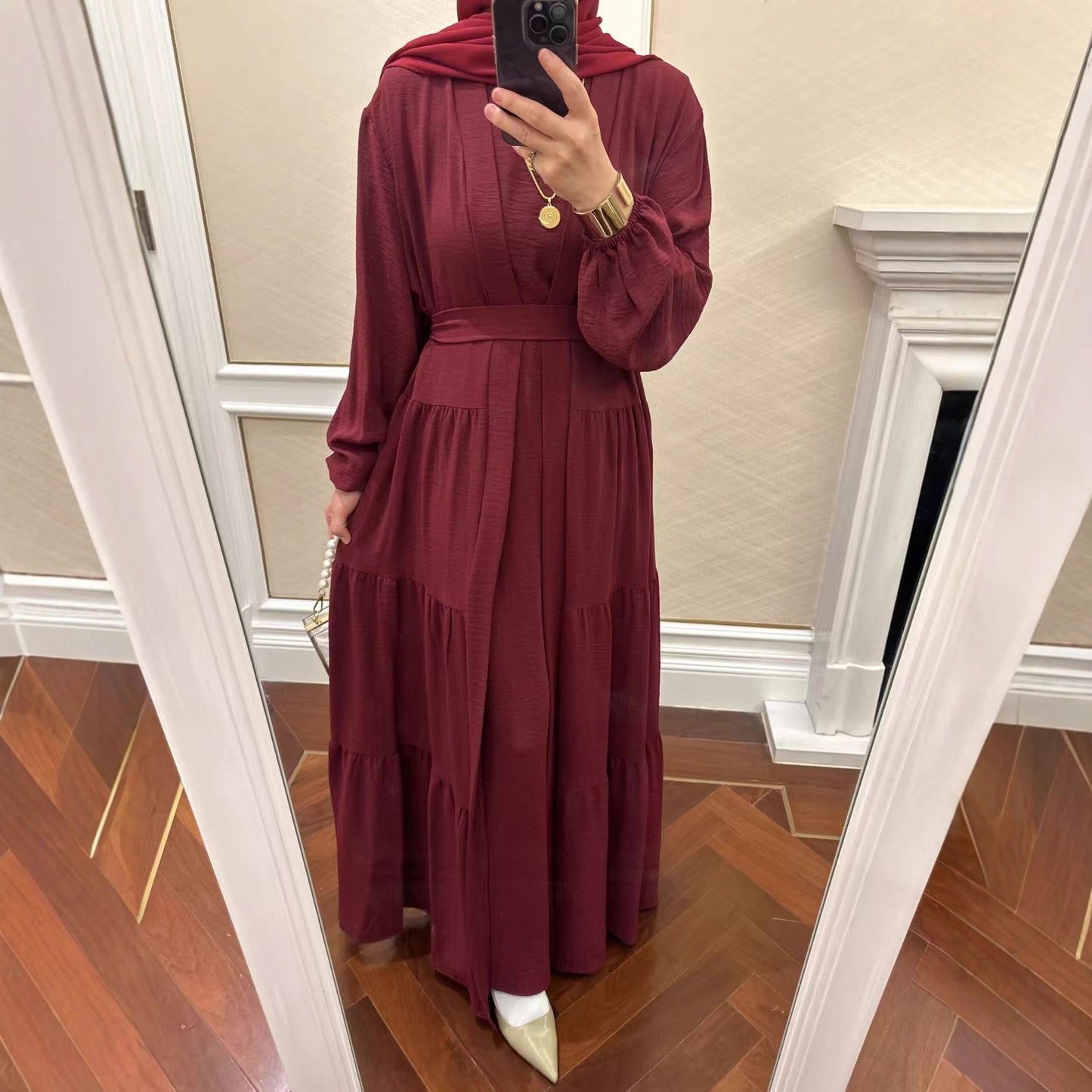 Modest Two Piece Maxi Dress with Open Abaya and Belt