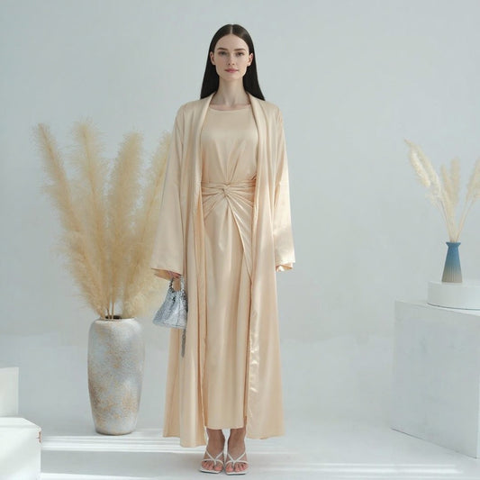 Solid Color Three Piece Abaya Set with Inner Dress and Belt