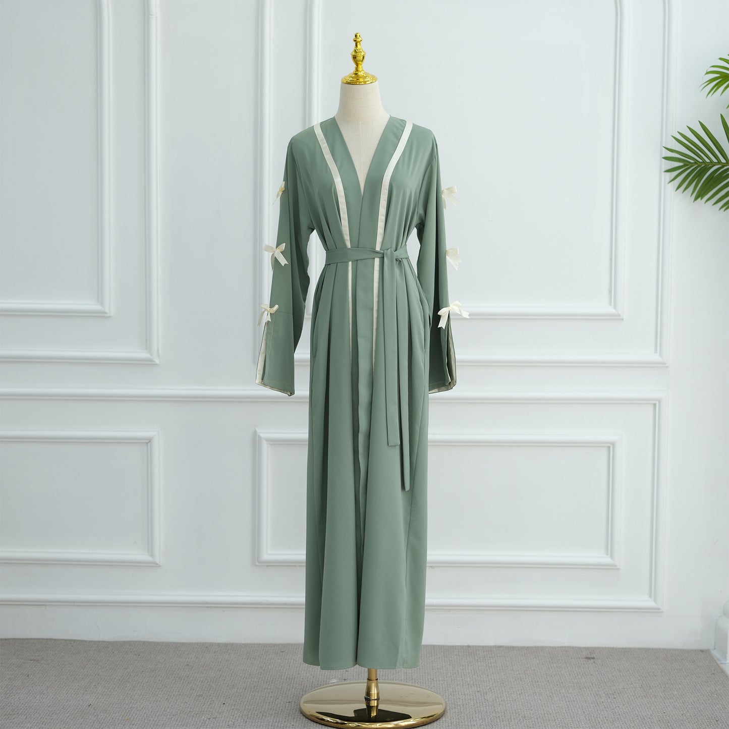 Bow Tie Open Abaya with Contrast Trim for Women