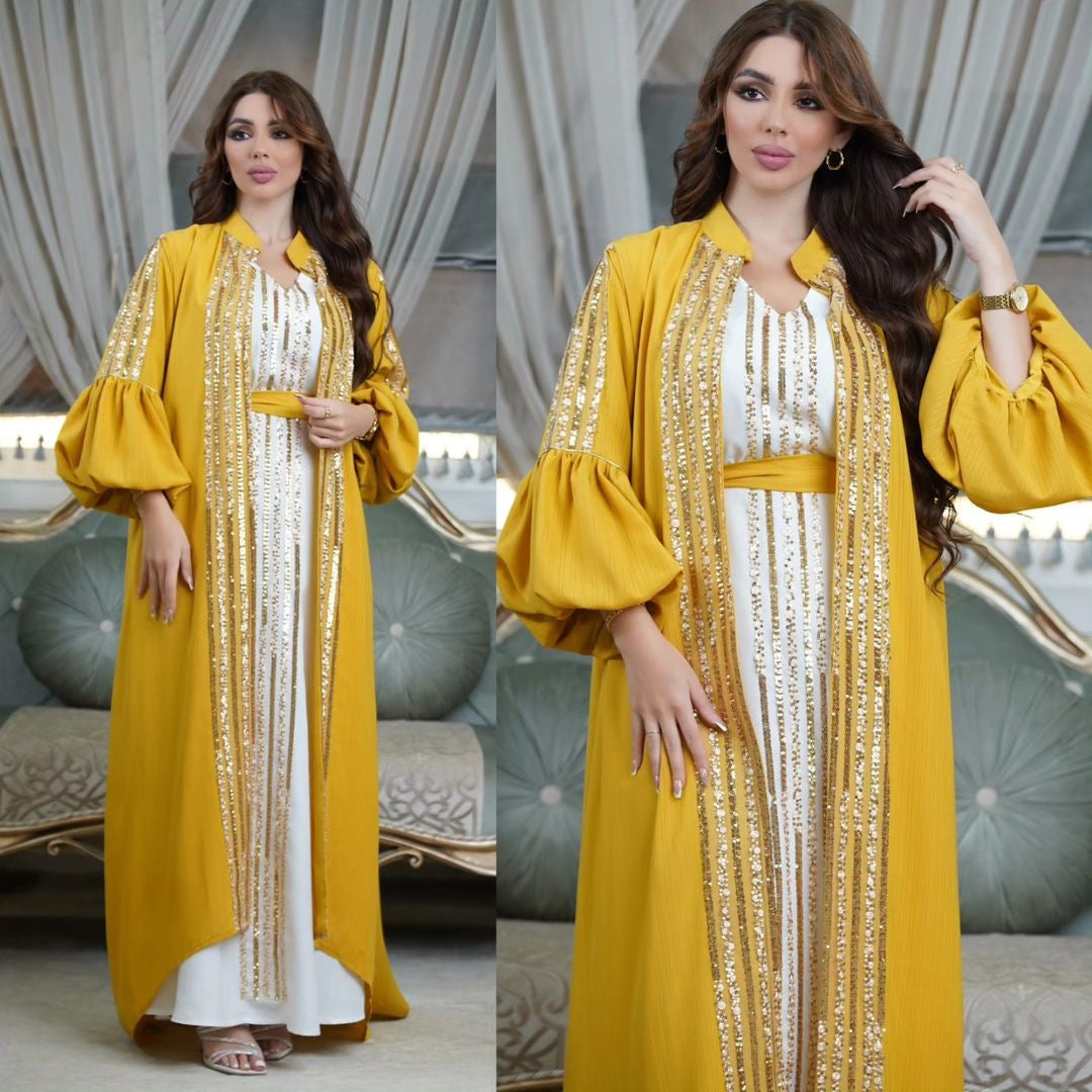 Beaded Embroidered Bubble Sleeve Dress Two Piece Set