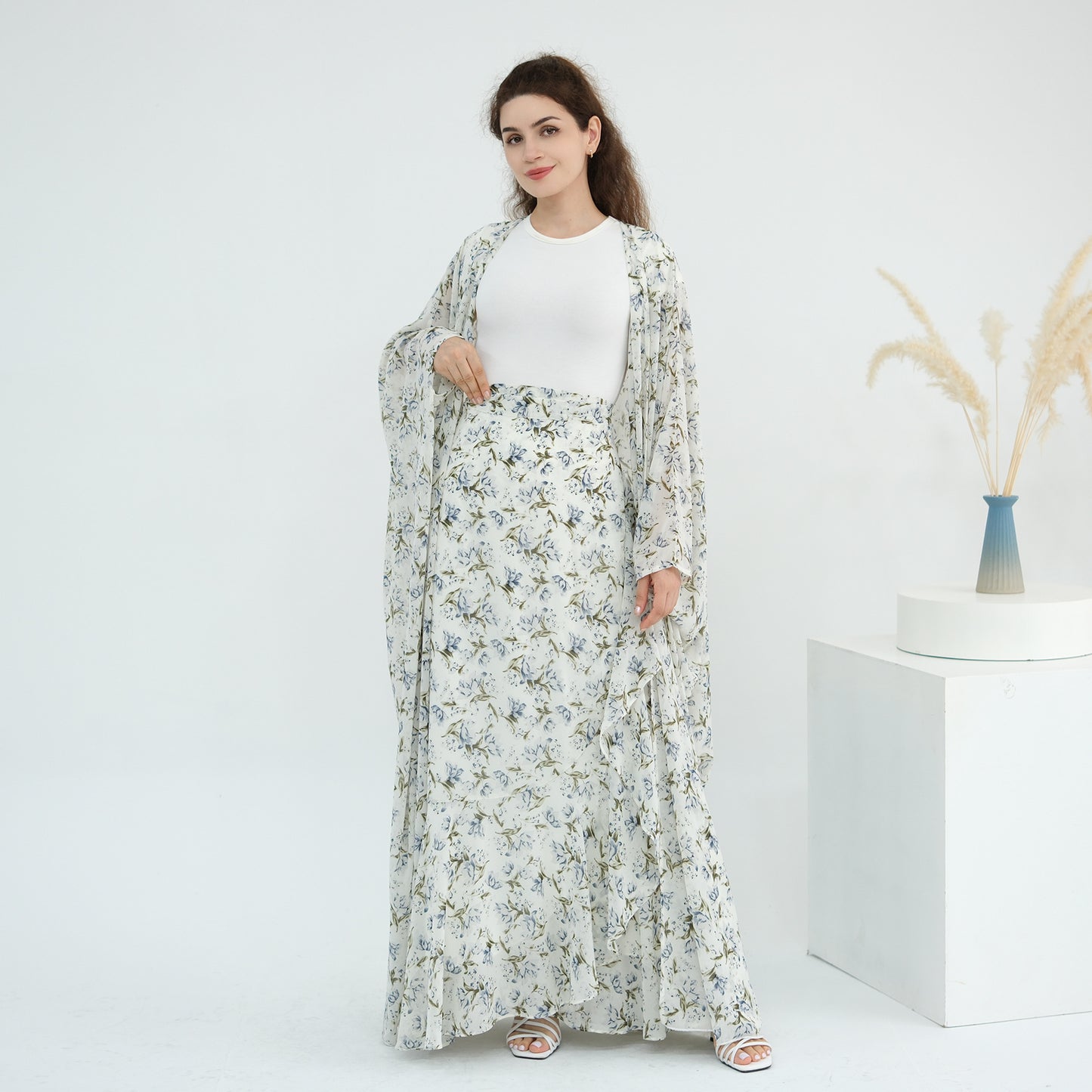 Floral Two Piece Set with Kimono Cardigan and Skirt