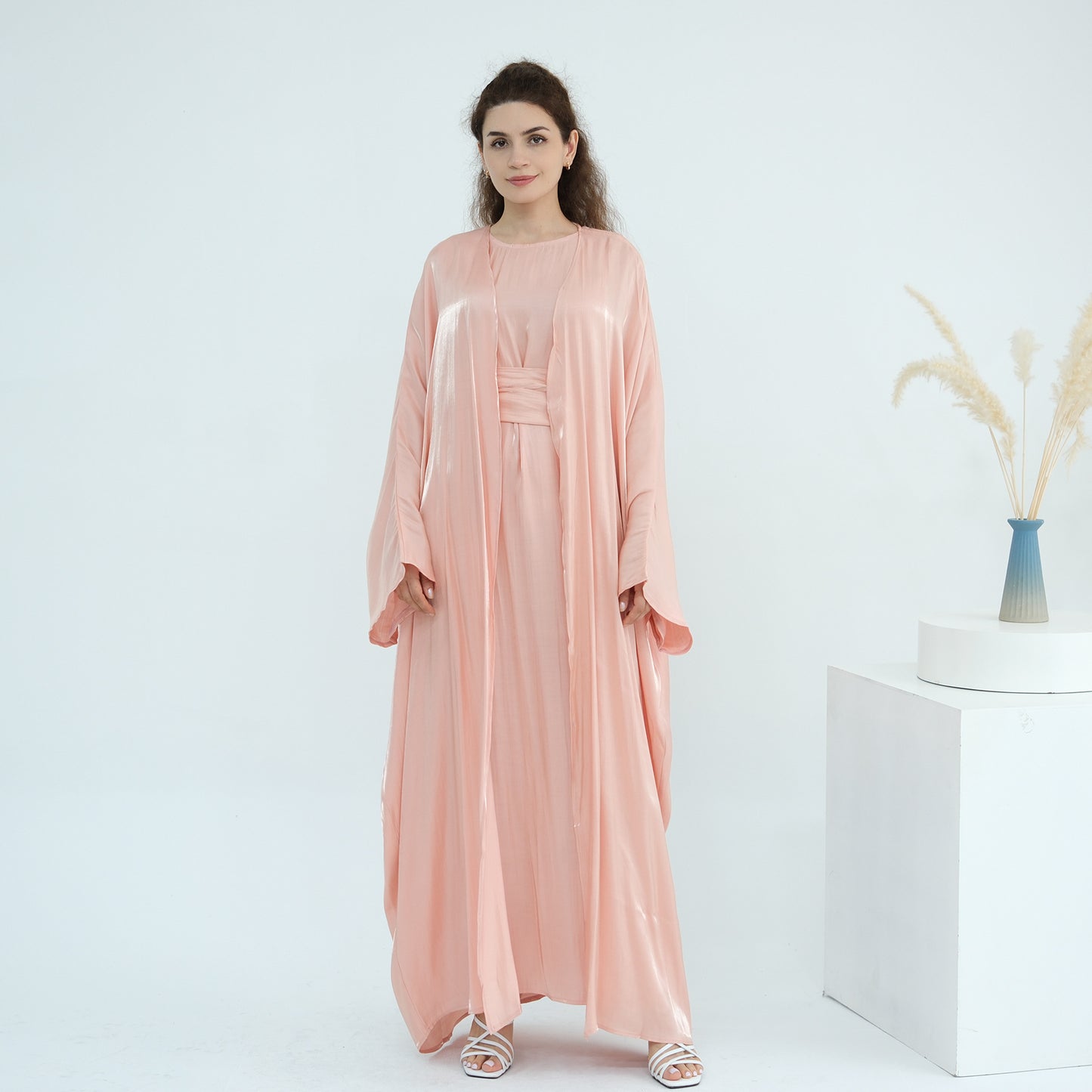 Elegant Solid Color Two Piece Abaya Set with Inner Dress