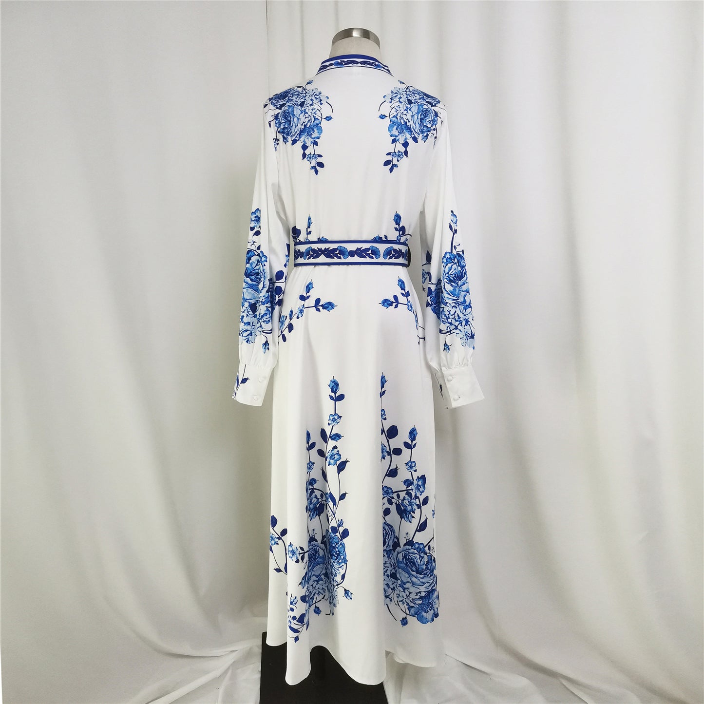 Women's Long Sleeve Stand Up Collar Print Swing Dress