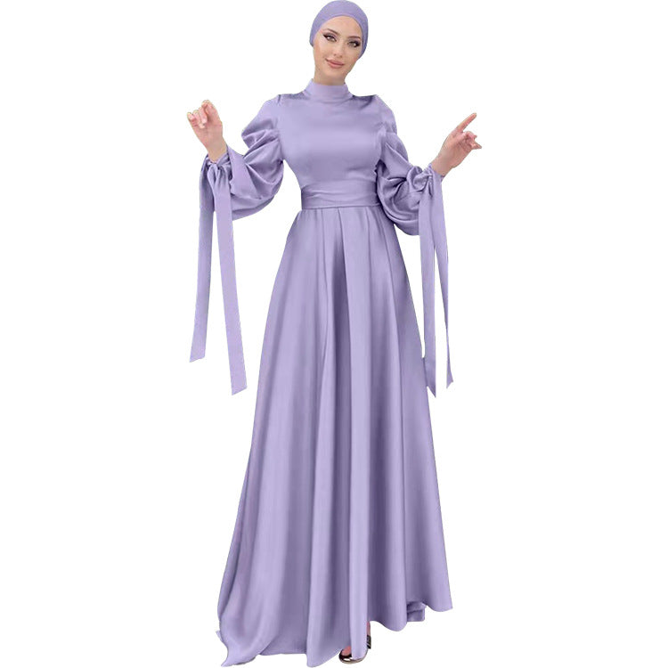 Plain Stand Collar Satin Puff Sleeve Dress