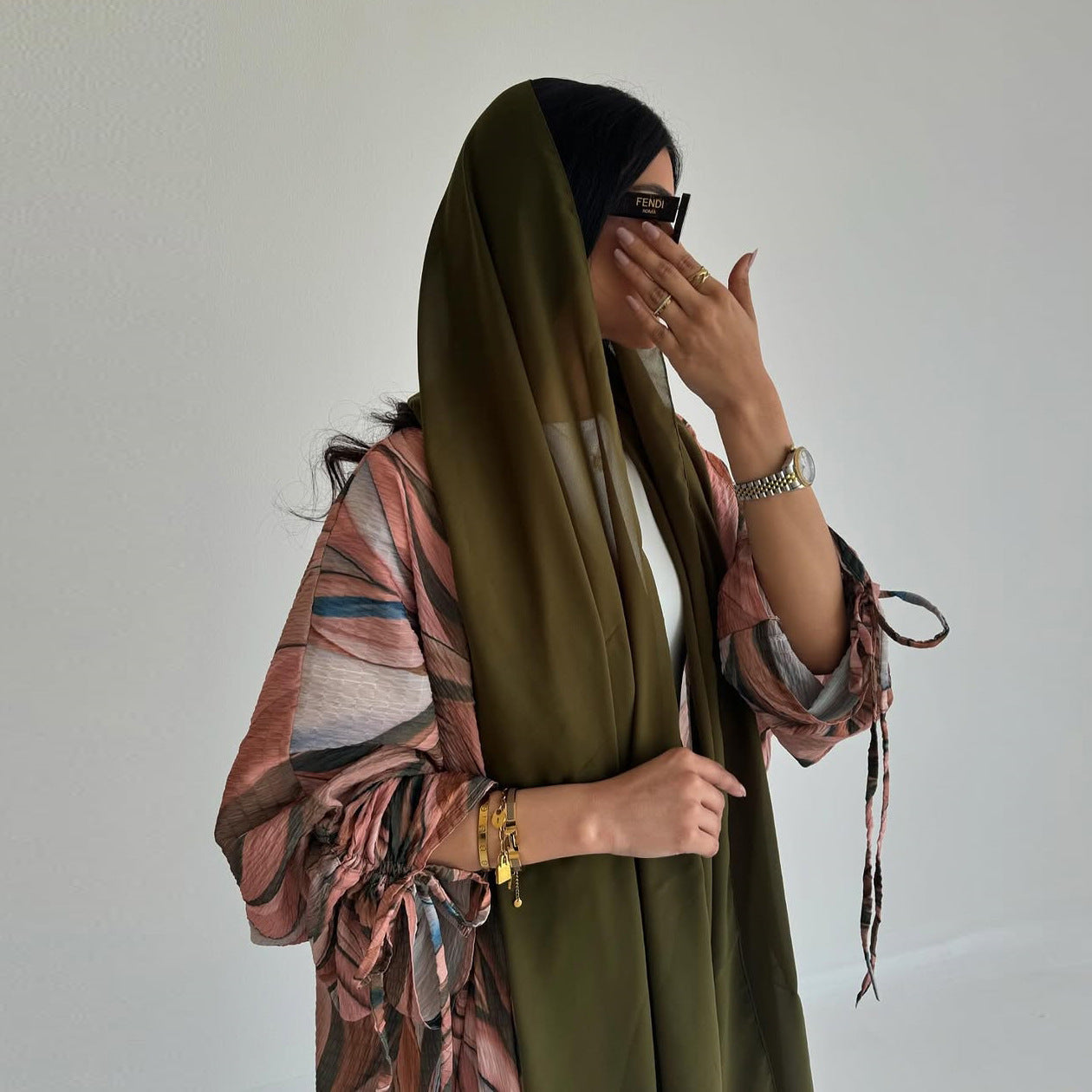 Women's Crinkled Linen Print Robe Open Abaya