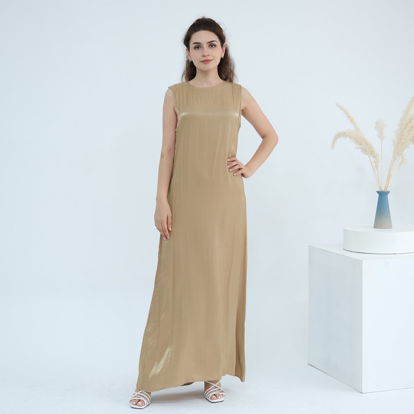 Elegant Solid Color Two Piece Abaya Set with Inner Dress