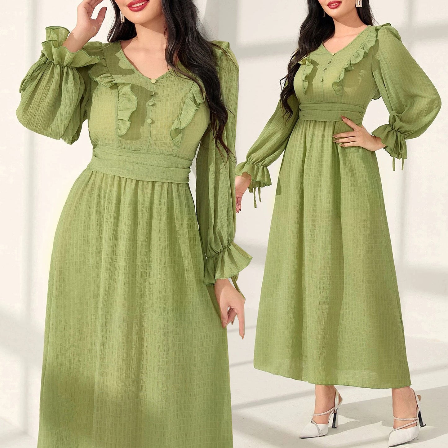 Women's V-neck Trim Waist Green Dress
