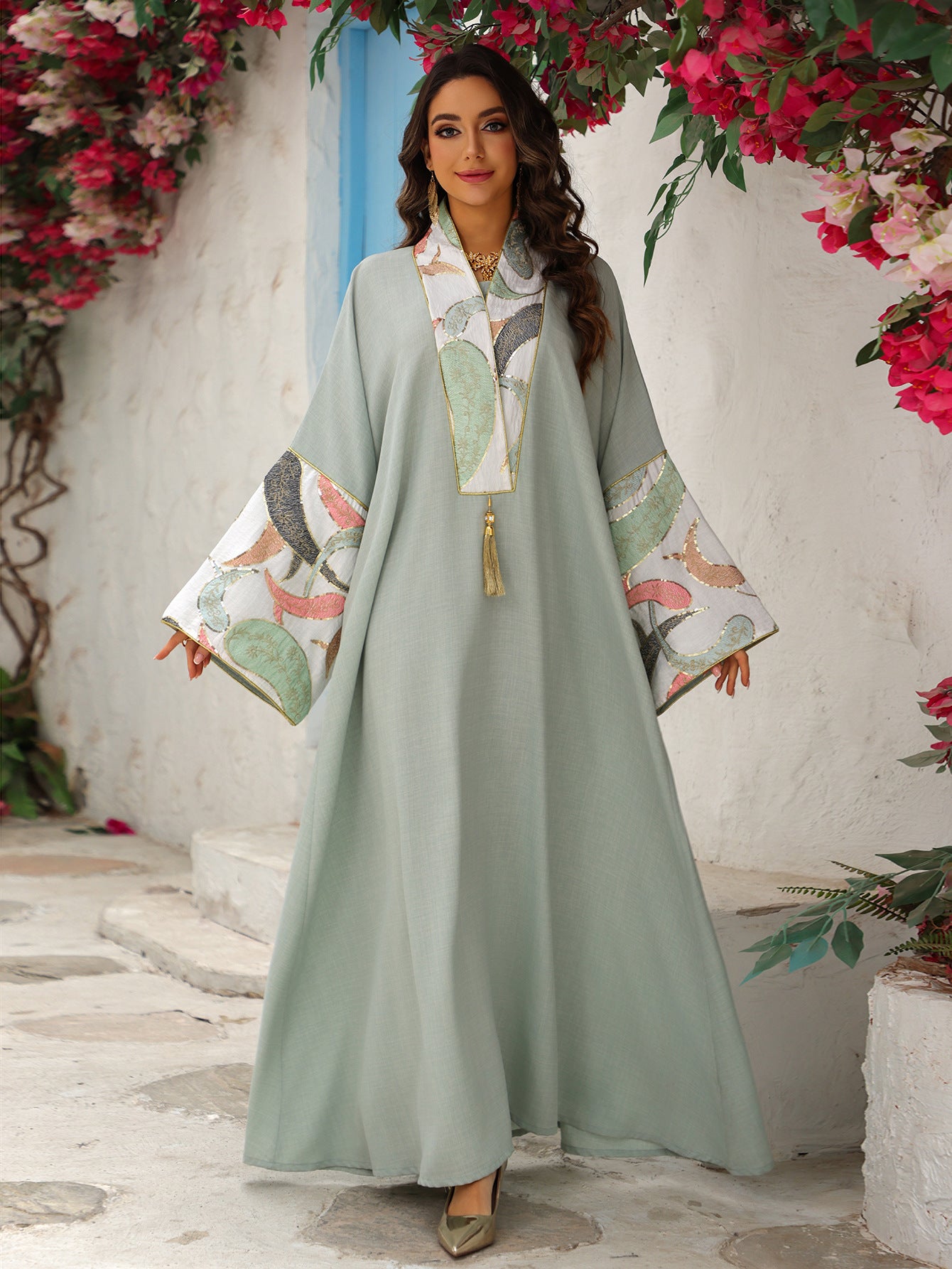 Women's Embroidered Panelled Fringed Dress