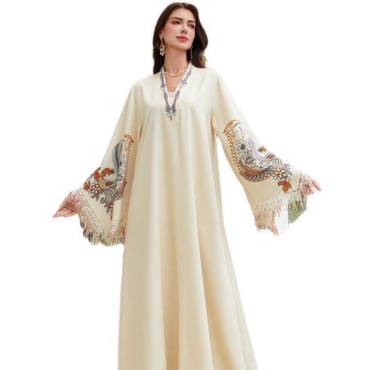 Printed Fringe-Sleeve Muslim Kaftan Maxi Dress