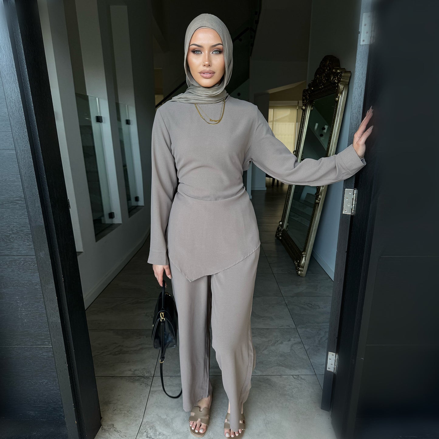Modest Two Piece Nida Set with Waist Tie and Long Pants