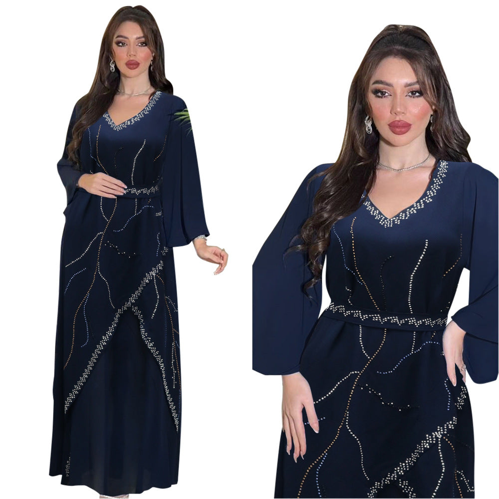 Women's Hot Diamond Chiffon Dress with Belt