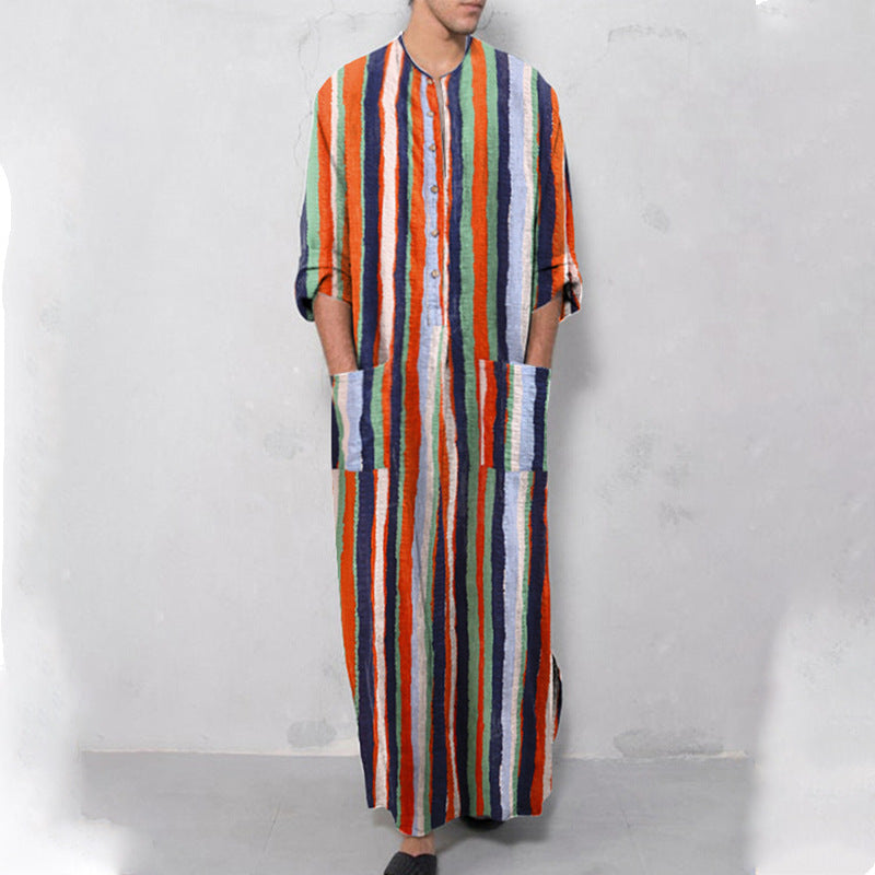Men Loose Stand Collar Striped Long-sleeved Robe