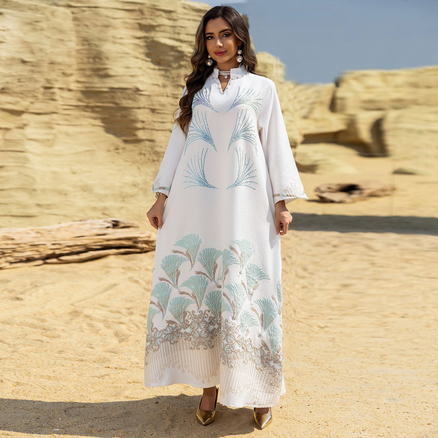 Muslim Women's Jacquard Dress with Rhinestones