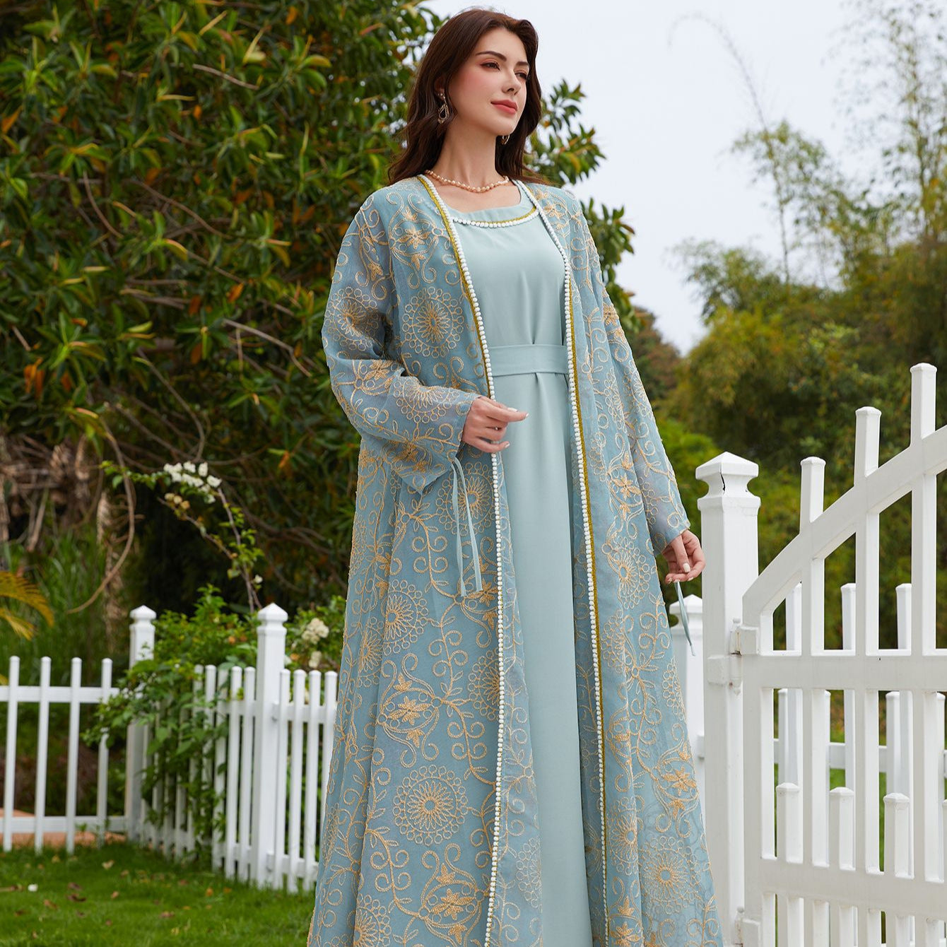 Dubai Muslim Jacquard Two-Piece Maxi Abaya Set