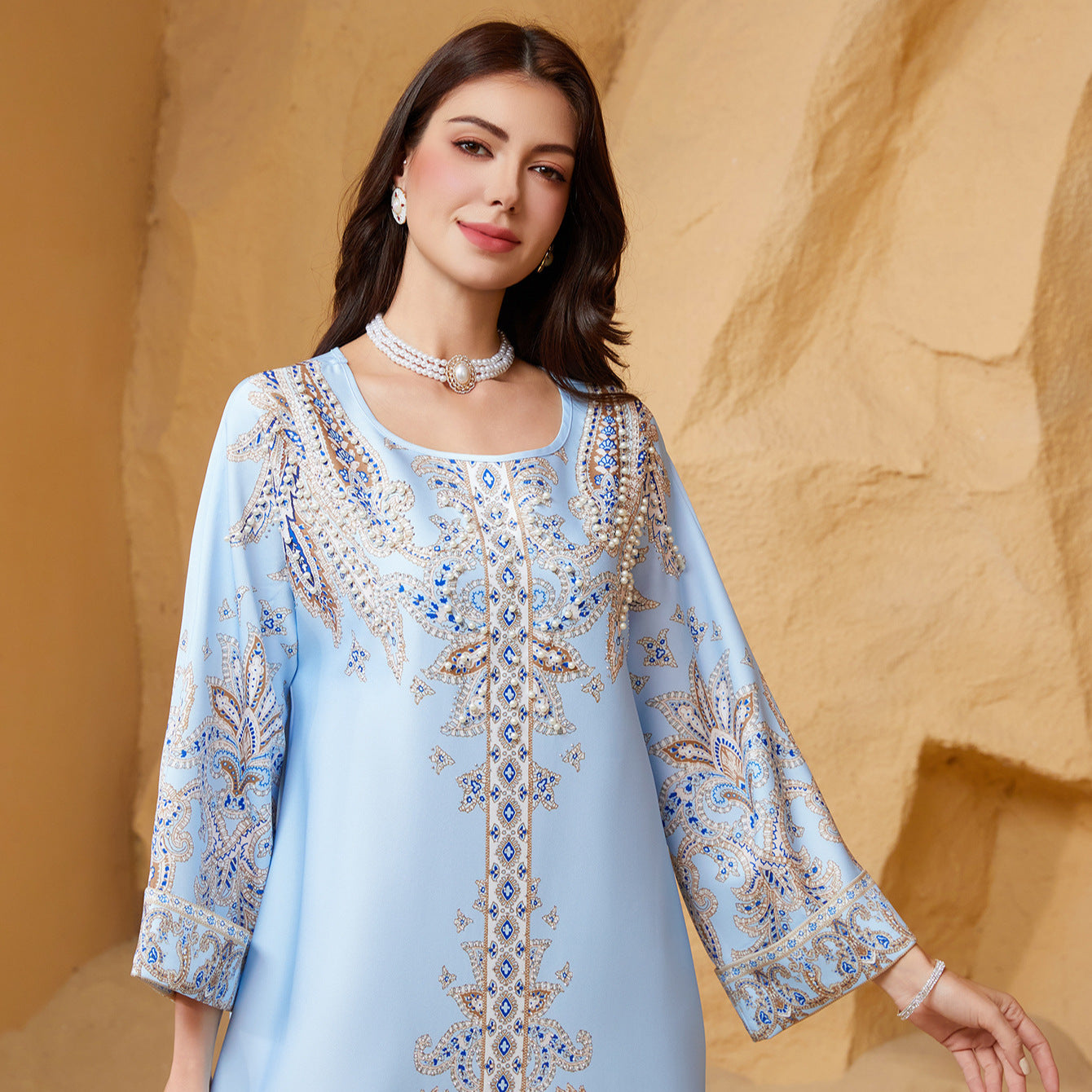 Beaded Rhinestone Sky-Blue Muslim Kaftan Maxi Dress