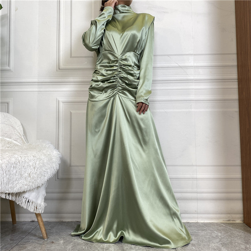 Satin Ruched High-Neck Muslim Evening Gown