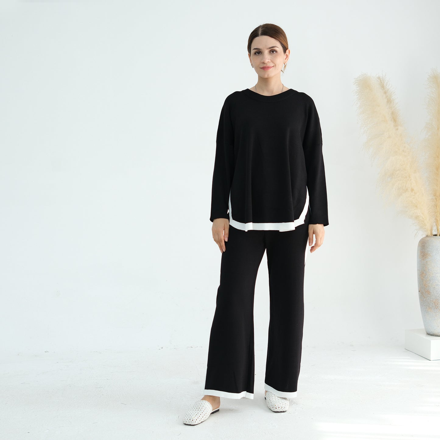Thickened Knitted Sweater Wide-Leg Pants Trousers Two-Piece Set