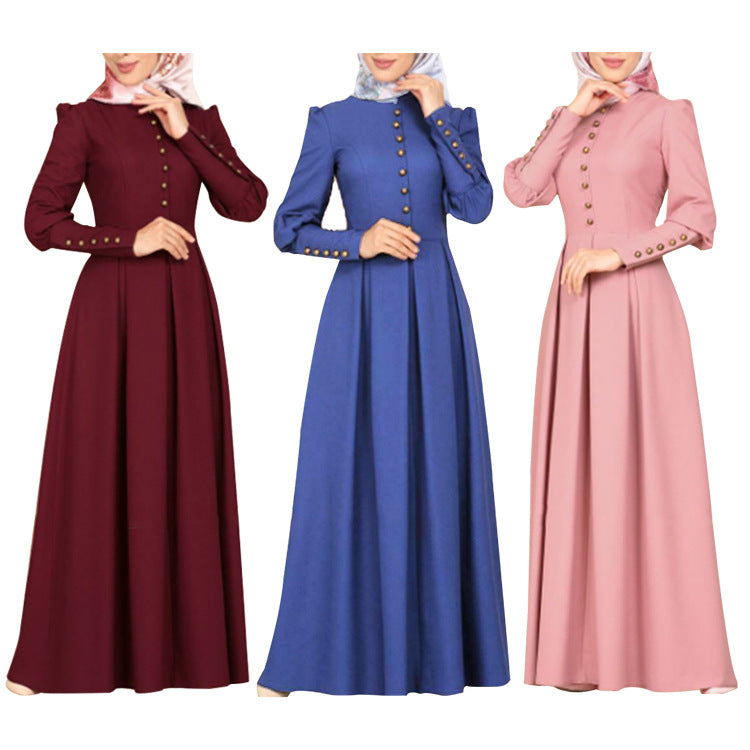 Women's Plain Button Vintage Ethnic Dress
